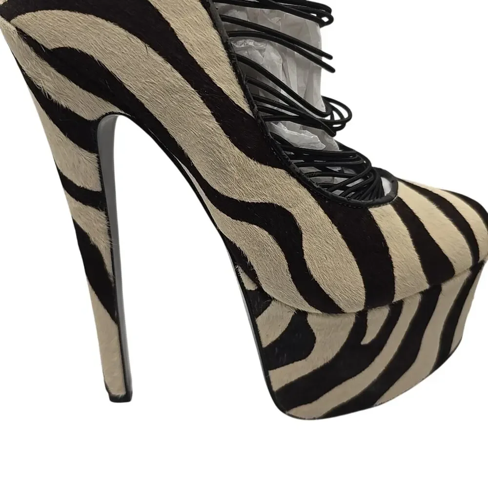 London Trash Zebra Stripes Pony Hair Platform Shoes Heels Leather sz 8 Pinup - Picture 10 of 16